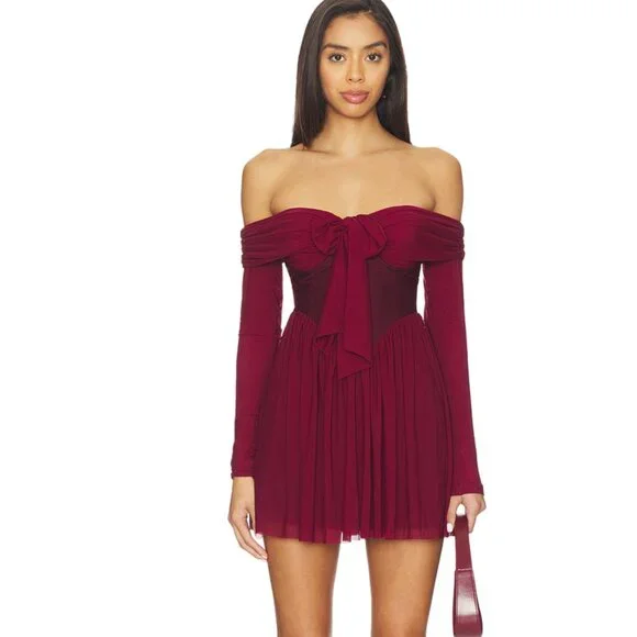 NEW MORE TO COME Kristiana Mini Dress Plum Red Purple Long Sleeve Cold Shoulder - Picture 1 of 6